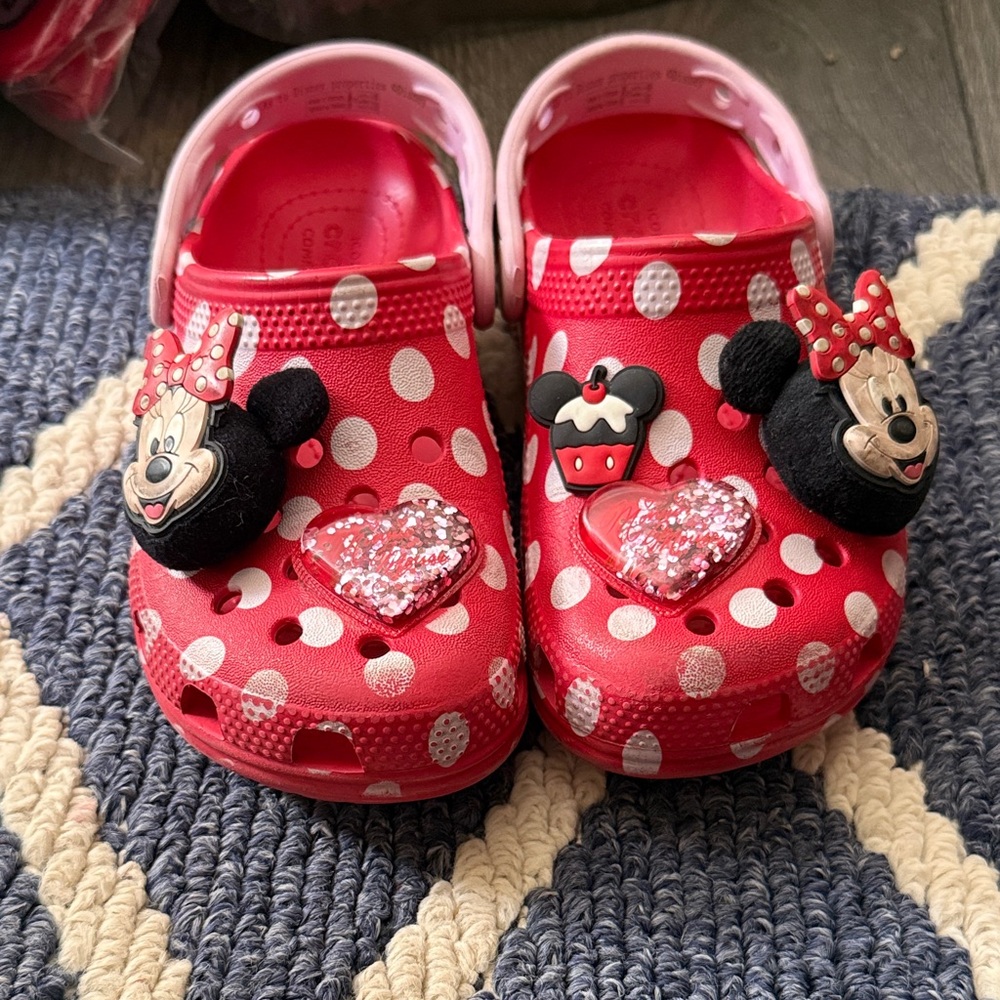 CROCS Kids Red Polka Dot Slippers with Character Accents